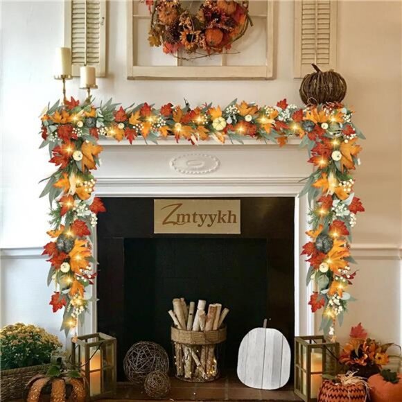 Realistic Fall Garland for Mantle 6 Ft Fall Maple Leaves Garlands with Lights - Picture 6 of 7